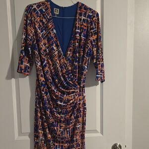 Anne Klein Blue and Orange Abstract Wrap-Style Midi Dress